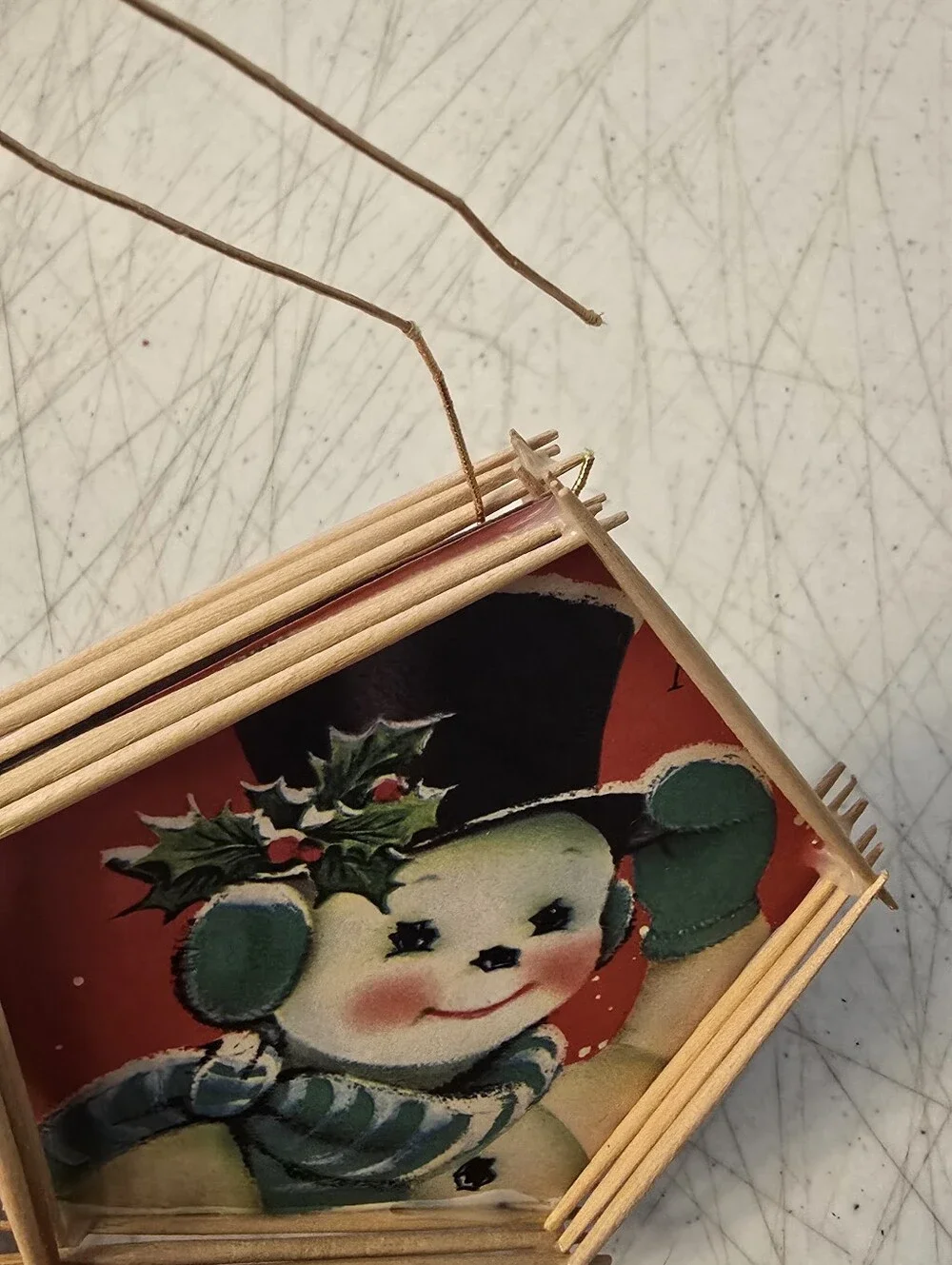 Vintage Handmade Christmas Ornament Snowman Snowwoman Toothpicks Old Cards